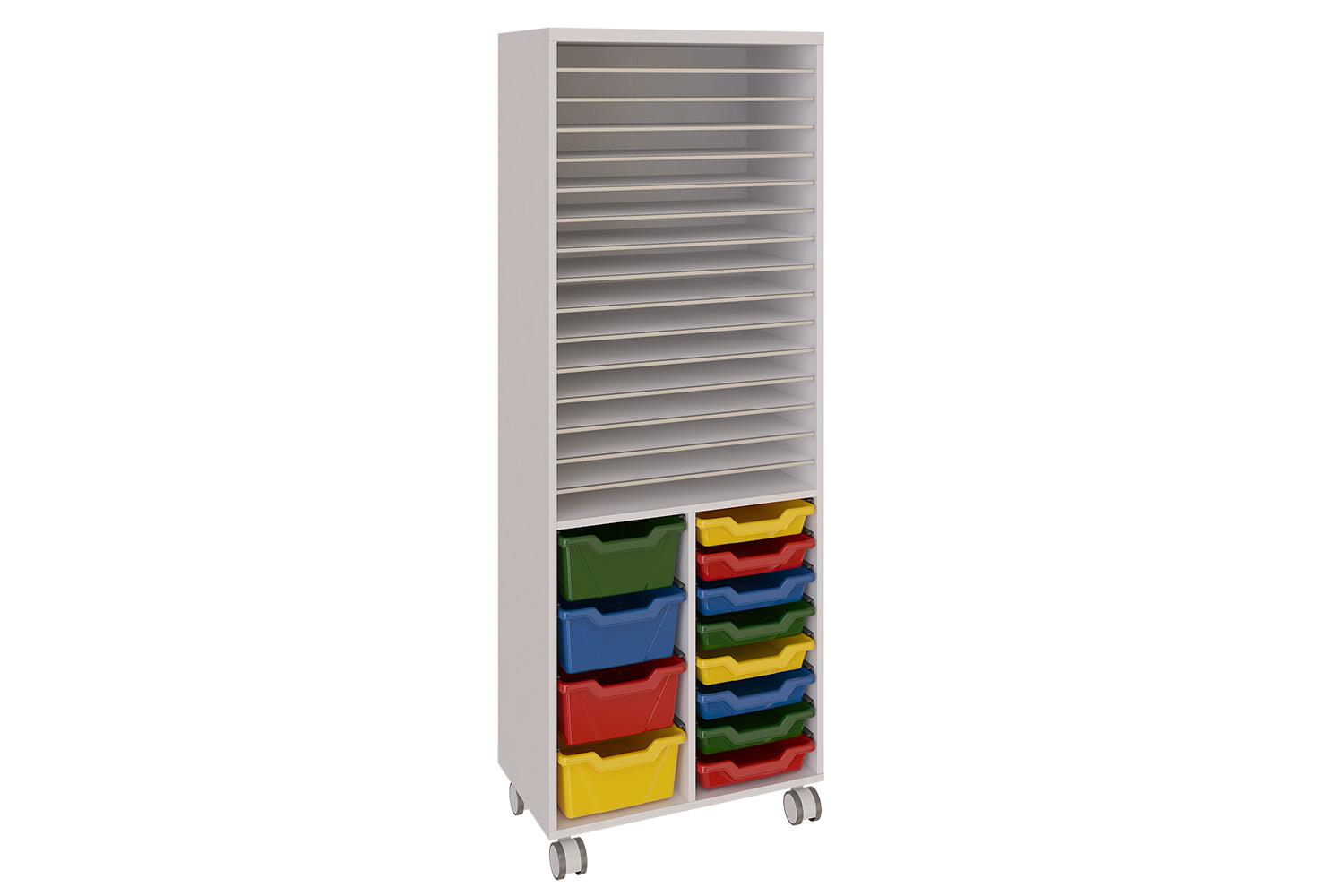 Mobile low cabinet with multicoloured trays
