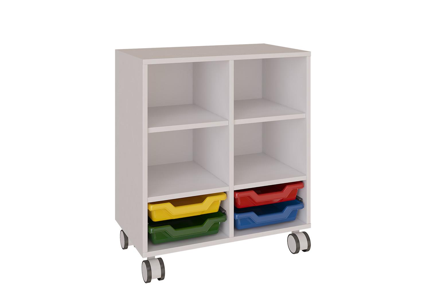 Mobile low cabinet of 2 columns with shelves and trays white