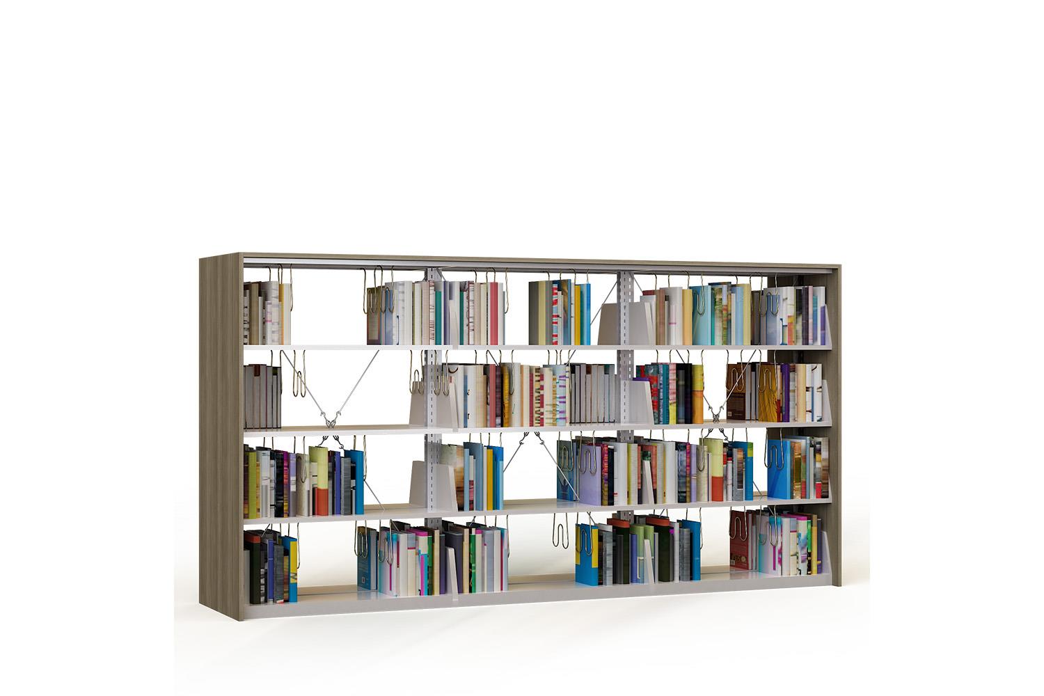 Metal bookcase triple of double sided with 6 shelves