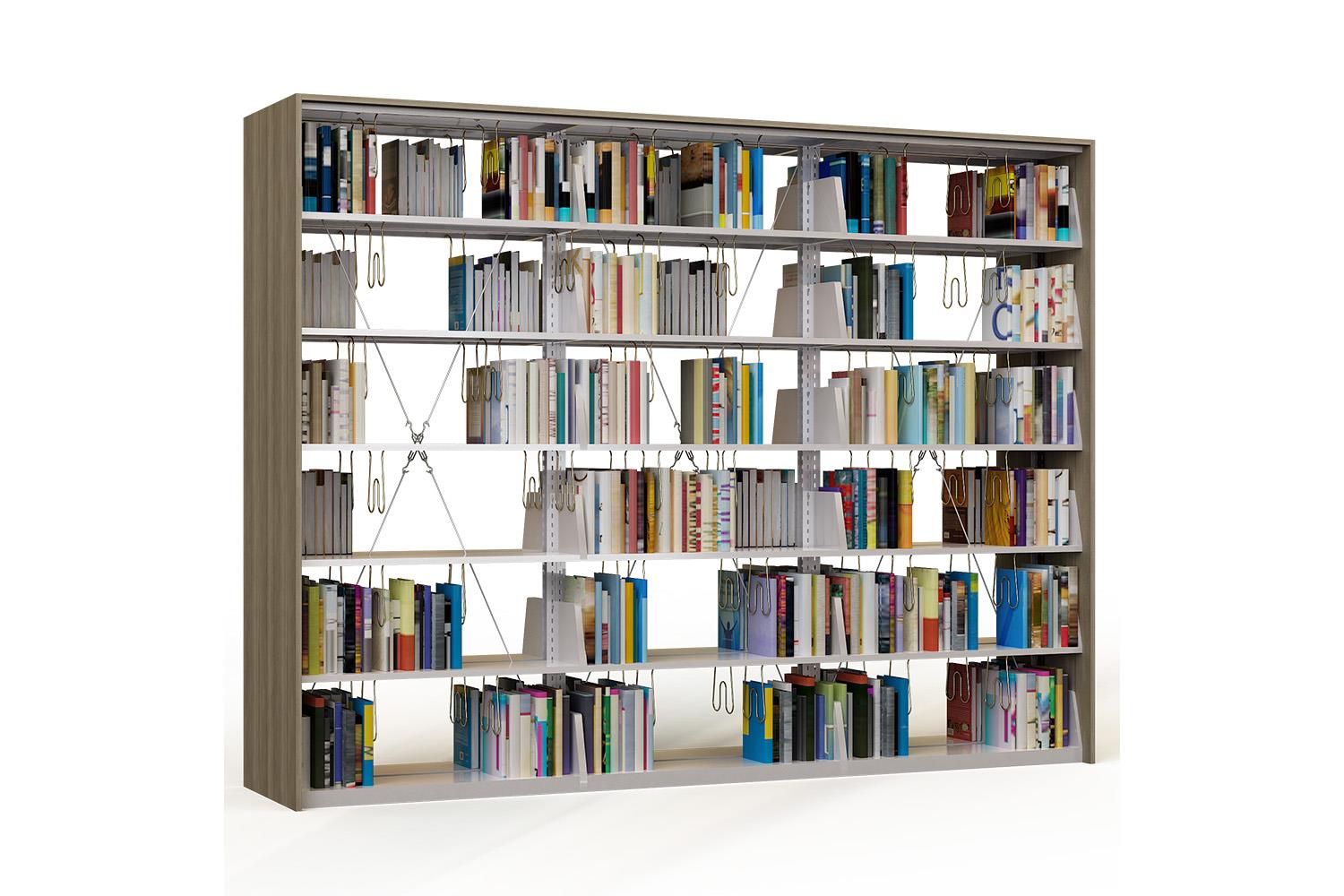 Metal bookcase triple of double sided with 10 shelves