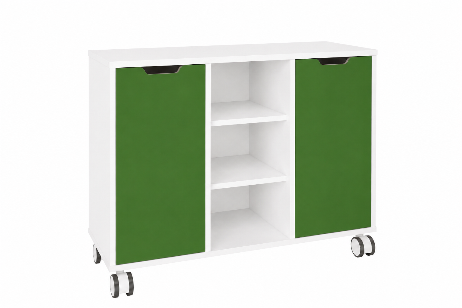 Mobile low cabinet with side doors and central shelves white