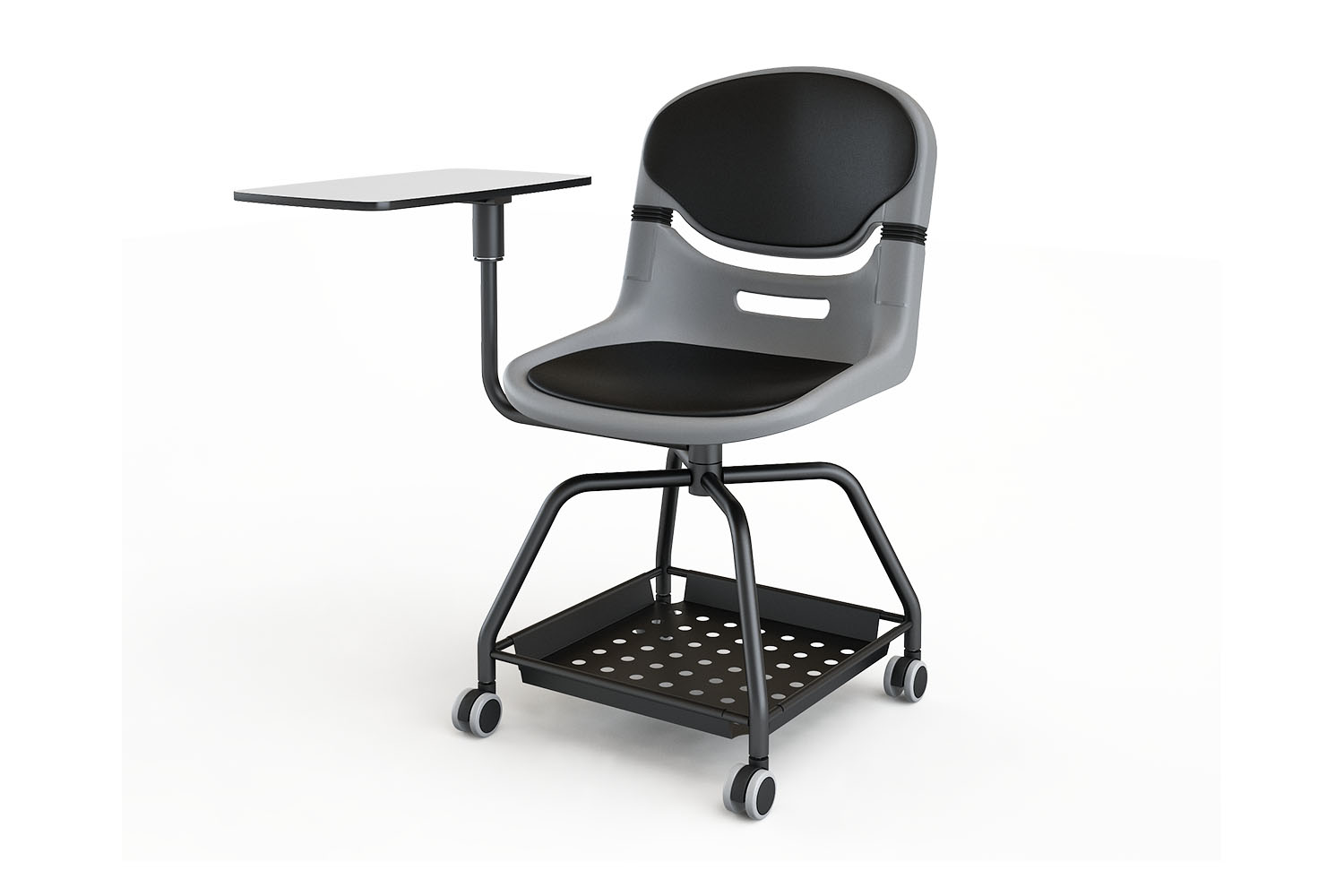 Silla con pala, bandeja y ruedas