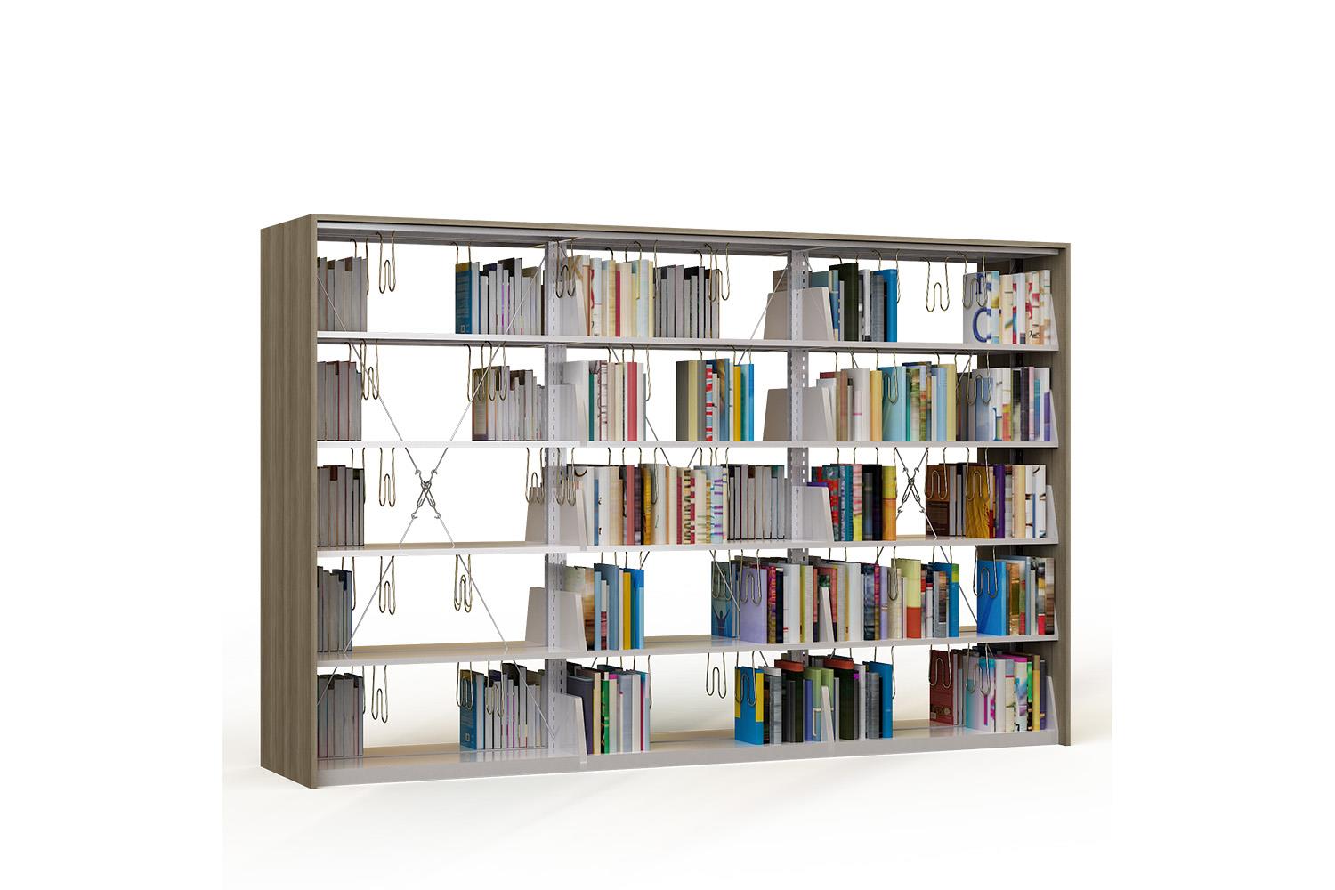 Metal bookcase triple of double sided with 8 shelves
