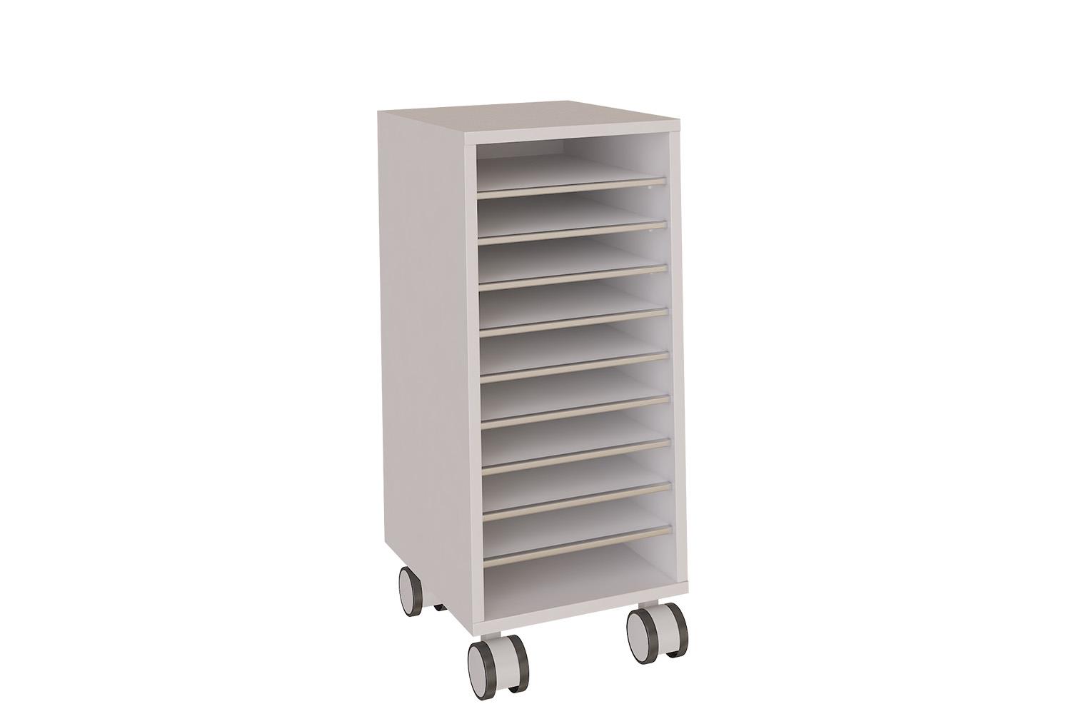 Mobile tall shelving unit with shelves