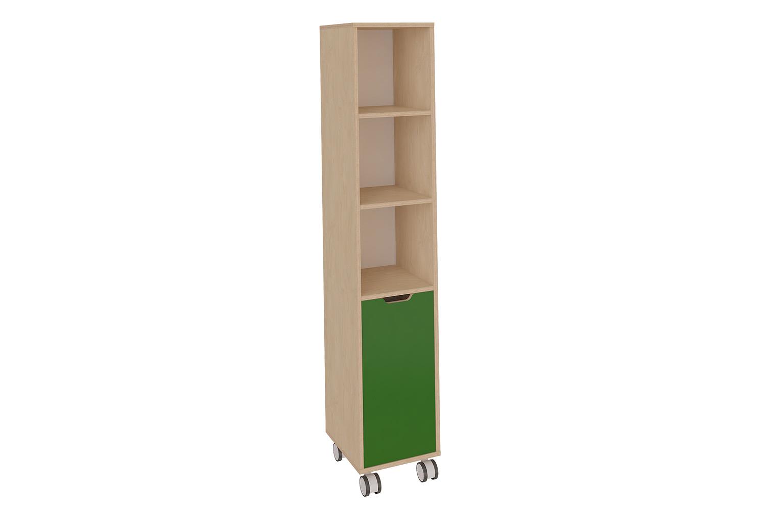Mobile narrow cabinet with shelves and lower door