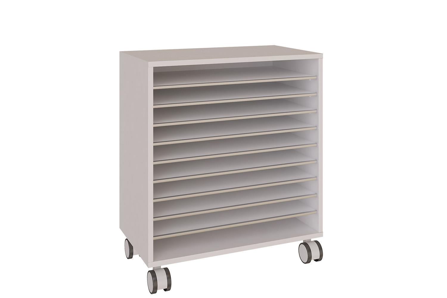 Mobile low shelving unit with shelves